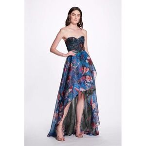 Marchesa Notte High-Low Strapless Sweetheart Gown Blue Floral